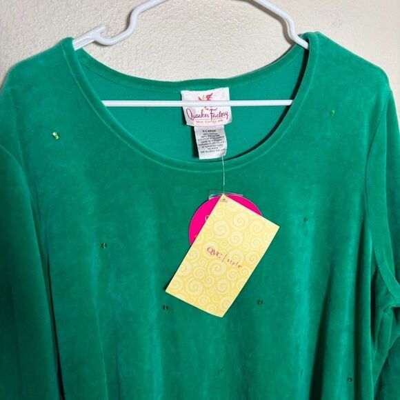 Quaker Factory Sweatshirt Women's XL Green Fleece 3/4 Sleeve Rhinestone NWT - Picture 2 of 8